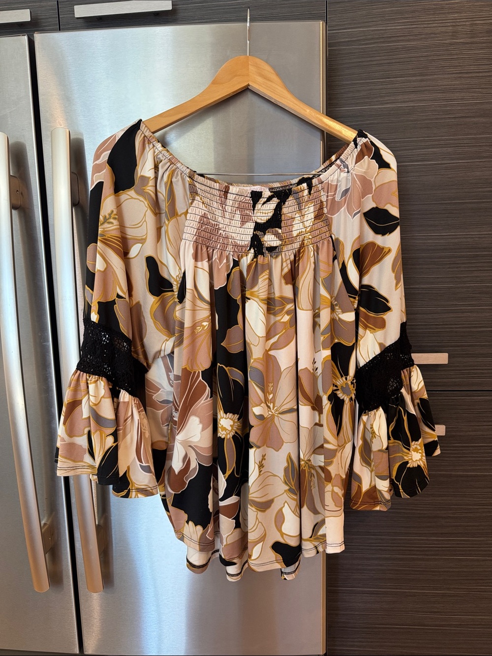Smocked Off-Shoulder Floral Tunic in Black and Blush